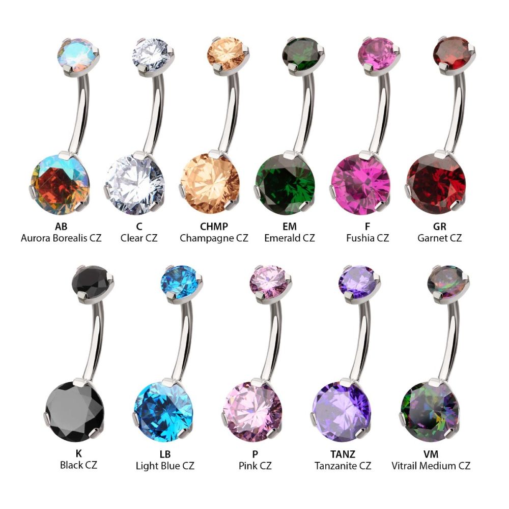 Titanium Internally Threaded Double 3-Prong Round Gem Fixed Bottom Navel