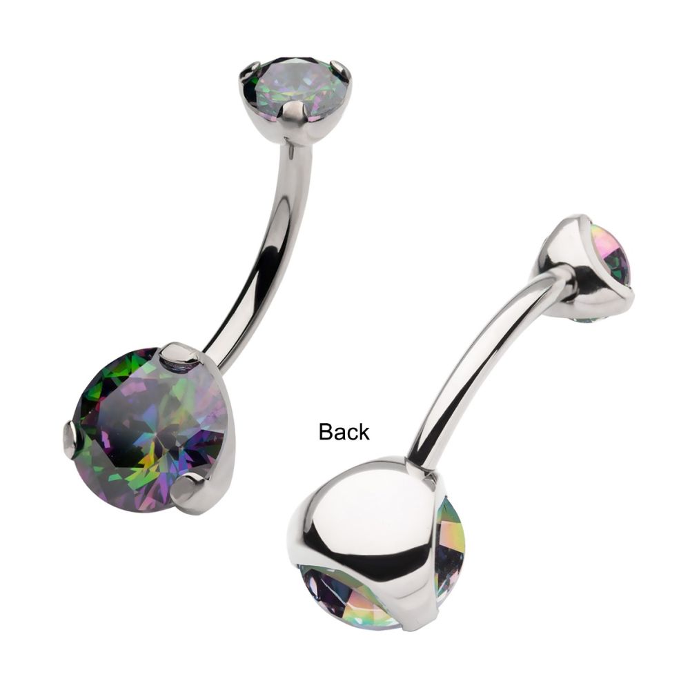Titanium Internally Threaded Double 3-Prong Round Gem Fixed Bottom Navel