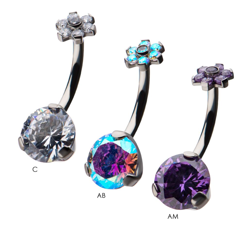 Titanium Internally Threaded with Prong Set AAA CZ & Synthetic Opal Flower Top and Round Bottom Fixed Navel