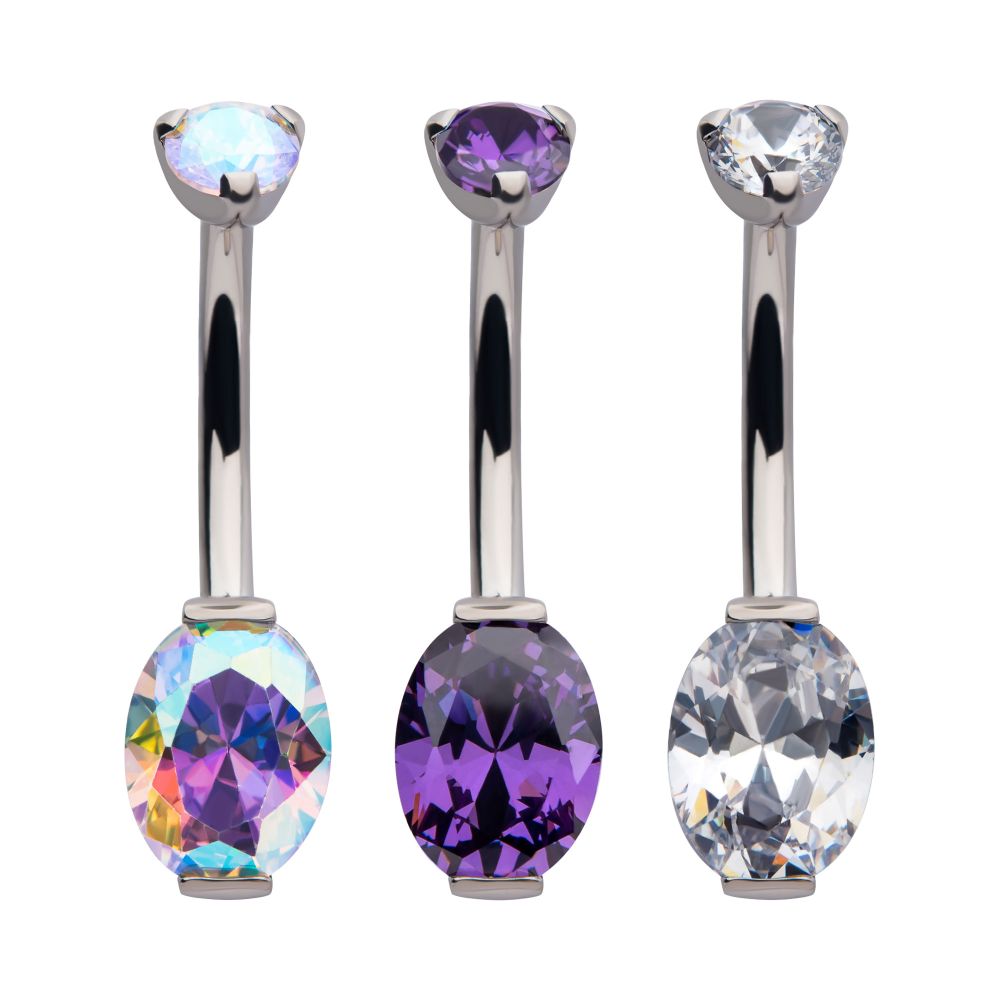 Titanium Internally Threaded Double Gem with Prong Set Oval Fixed Bottom Navel