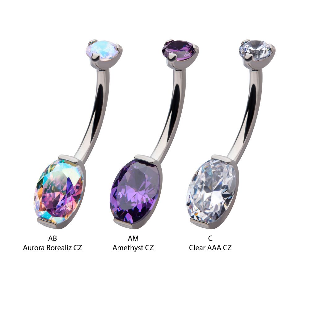 Titanium Internally Threaded Double Gem with Prong Set Oval Fixed Bottom Navel