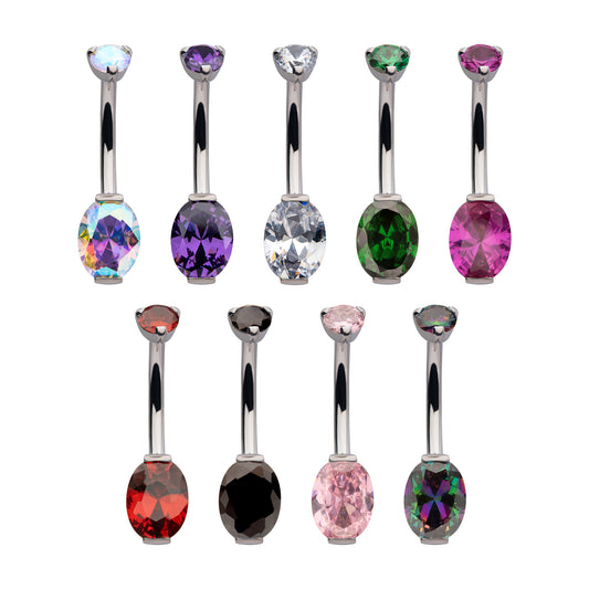 Titanium Internally Threaded Double Prong Set Oval Gem Fixed Bottom Navel