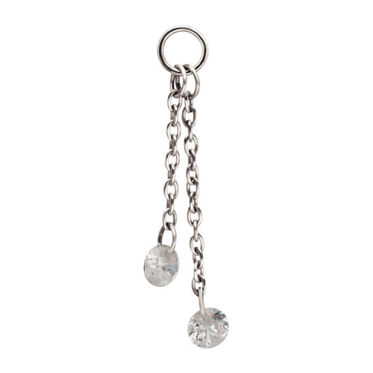 Platinum PVD Titanium Floating CZ Double Round Gem Chain Dangle