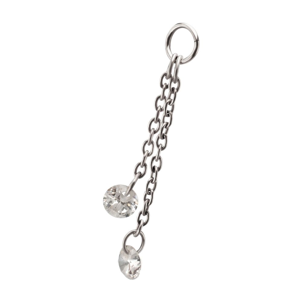 Platinum PVD Titanium Floating CZ Double Round Gem Chain Dangle