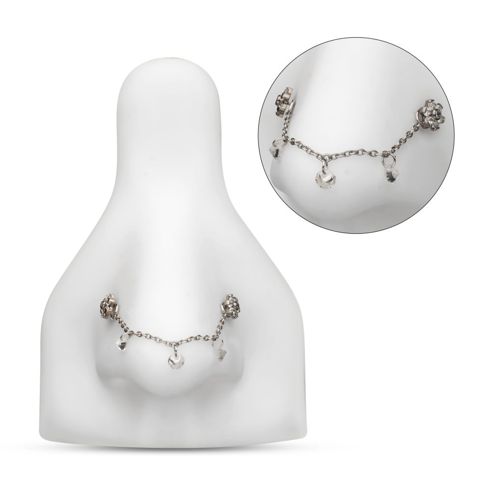 Platinum PVD Titanium Triple Round Floating CZ Gem Rolo Chain Dangle