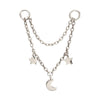 Platinum PVD Titanium Double Star & Crescent Moon 2-Tier Rolo Chain Dangle