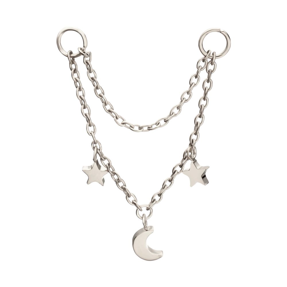 Platinum PVD Titanium Double Star & Crescent Moon 2-Tier Rolo Chain Dangle