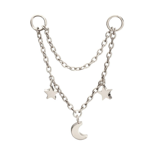 Platinum PVD Titanium Double Star & Crescent Moon 2-Tier Rolo Chain Dangle