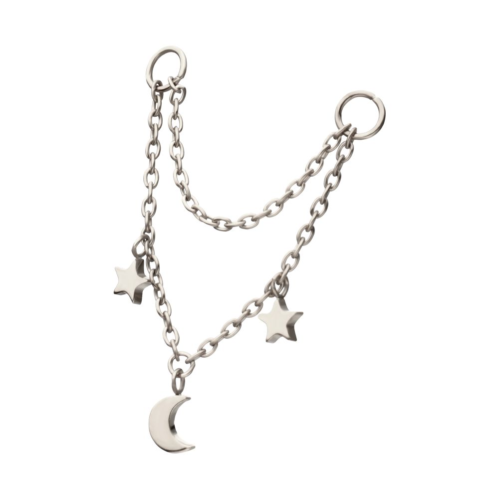 Platinum PVD Titanium Double Star & Crescent Moon 2-Tier Rolo Chain Dangle