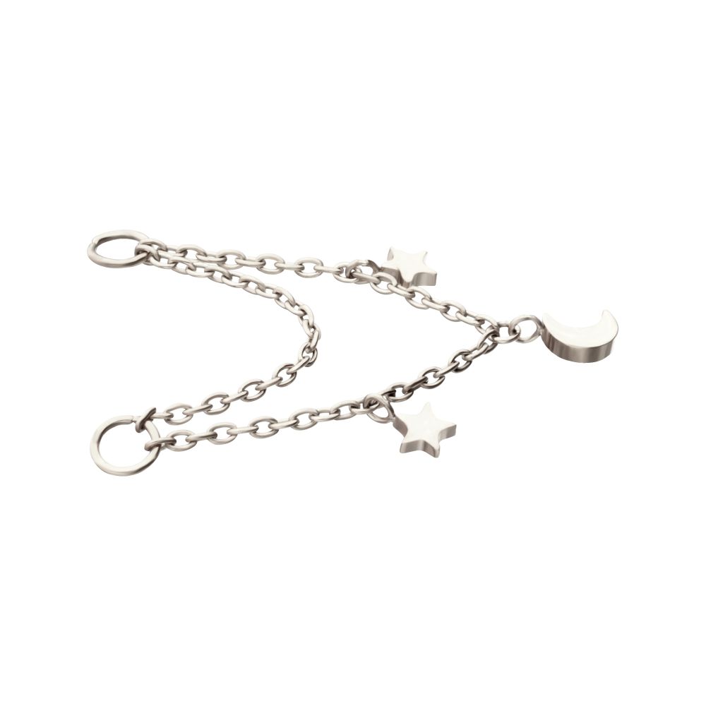 Platinum PVD Titanium Double Star & Crescent Moon 2-Tier Rolo Chain Dangle