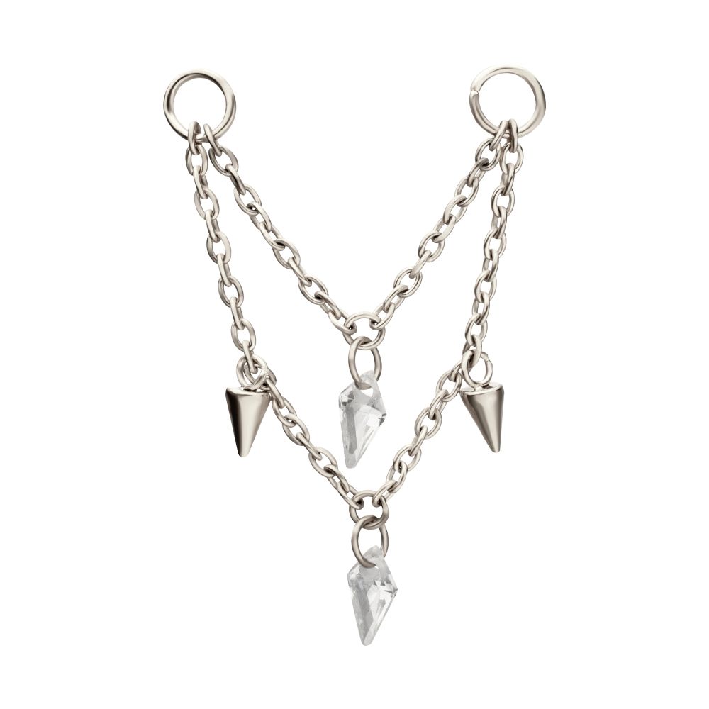 Platinum PVD Titanium Double Spike & Kite Gem 2-Tier Chain Dangle