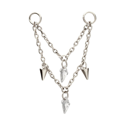 Platinum PVD Titanium Double Spike & Kite Gem 2-Tier Chain Dangle