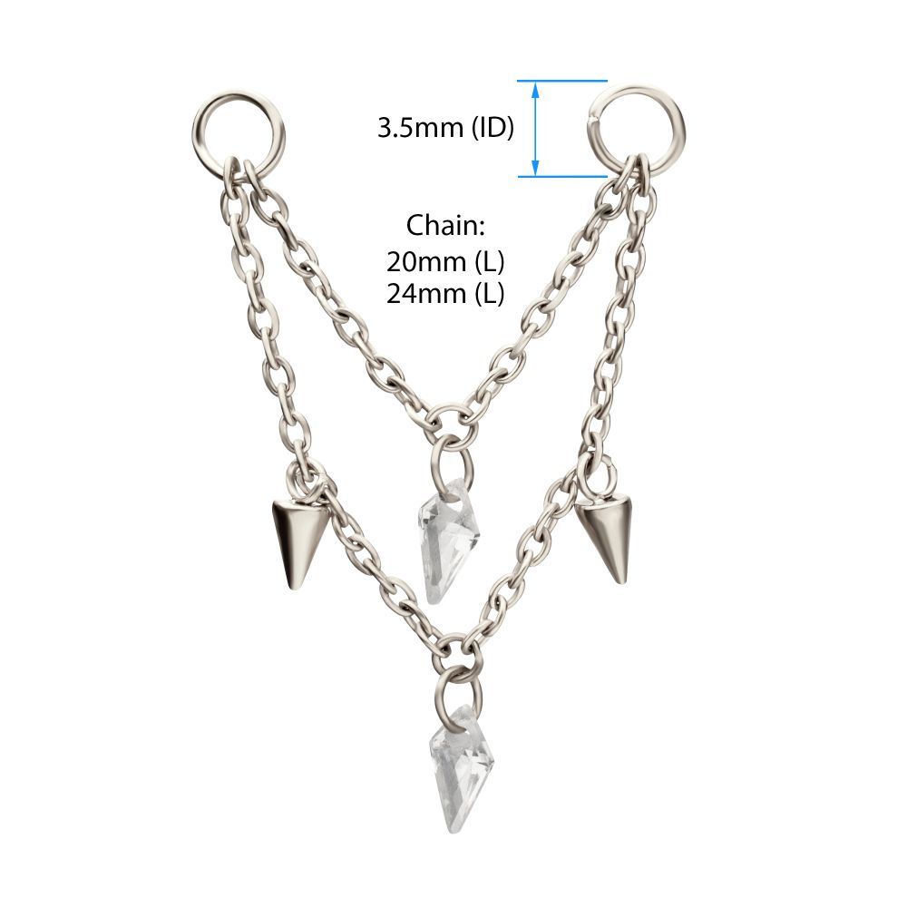 Platinum PVD Titanium Double Spike & Kite Gem 2-Tier Chain Dangle