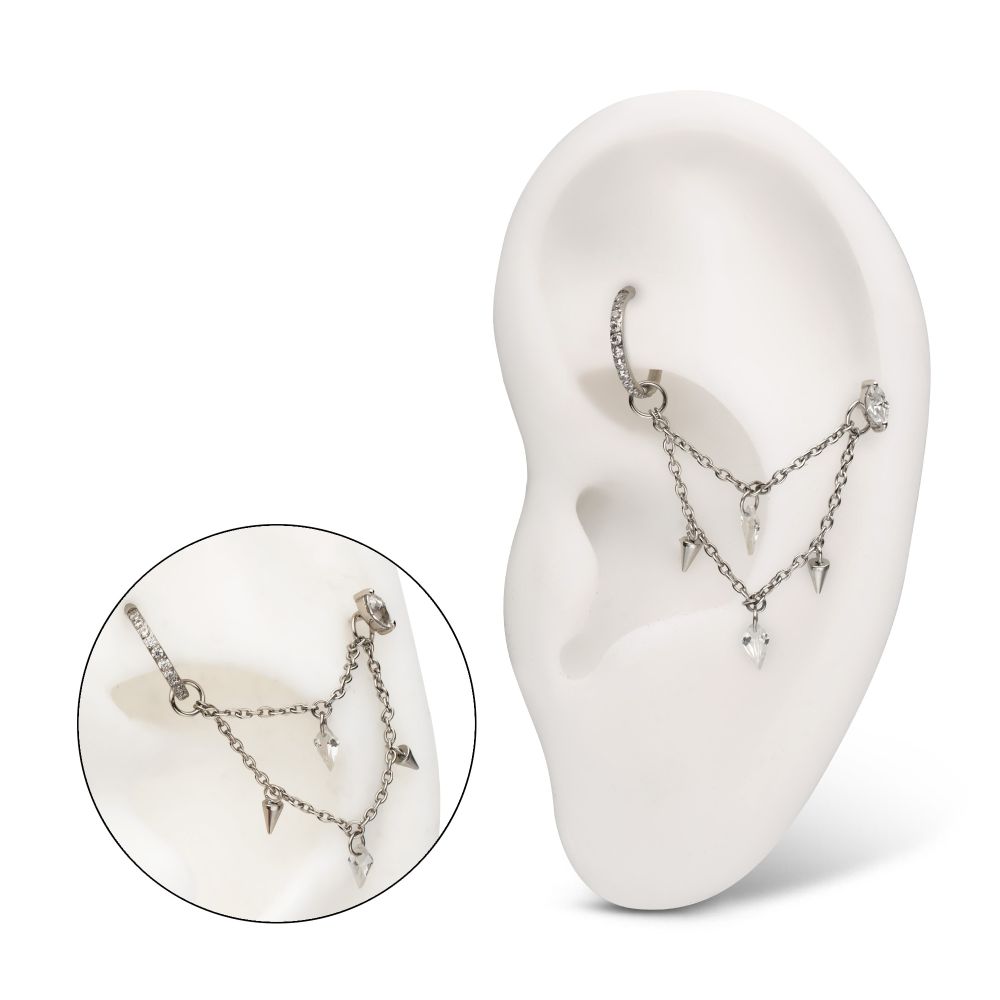 Platinum PVD Titanium Double Spike & Kite Gem 2-Tier Chain Dangle