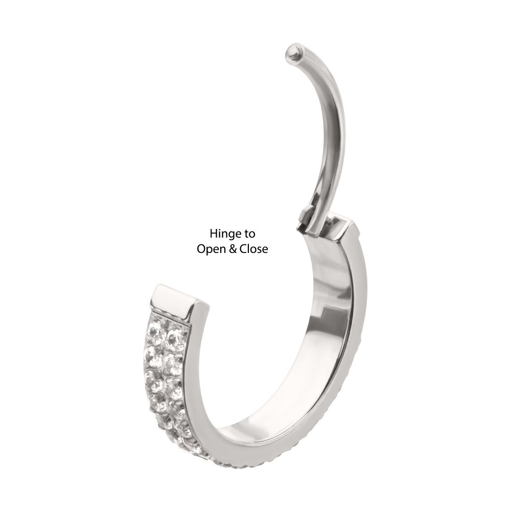 Platinum PVD Titanium Double Row 1mm Prong Set Gem Side Facing Huggie Hinged Segment Clicker