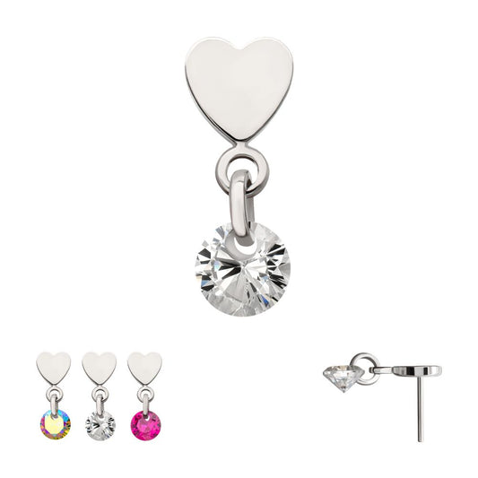 Platinum PVD Titanium Threadless Flat Heart Top with Floating CZ Gem Dangle