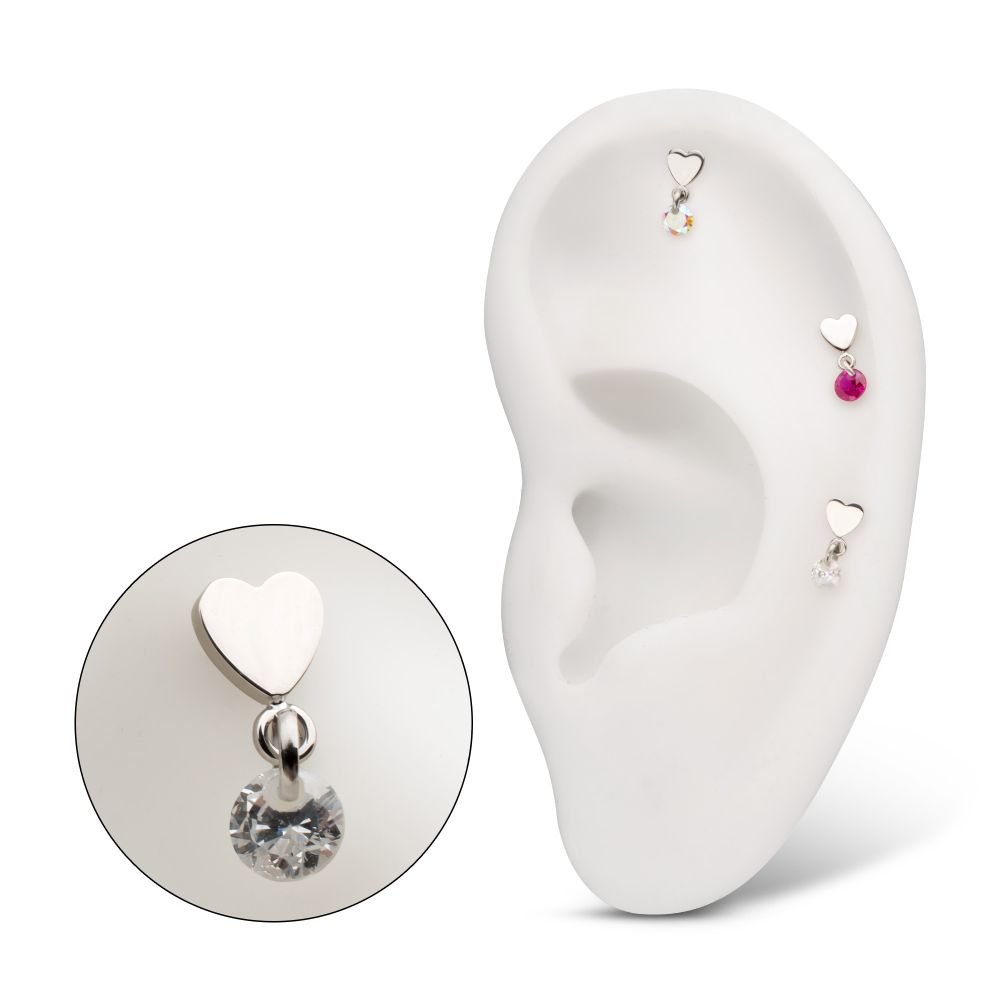 Platinum PVD Titanium Threadless Flat Heart Top with Floating CZ Gem Dangle