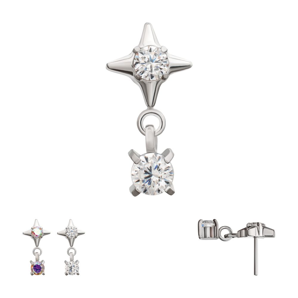 Platinum PVD Titanium Threadless Celestial Star Top with Prong Set CZ Gem Dangle