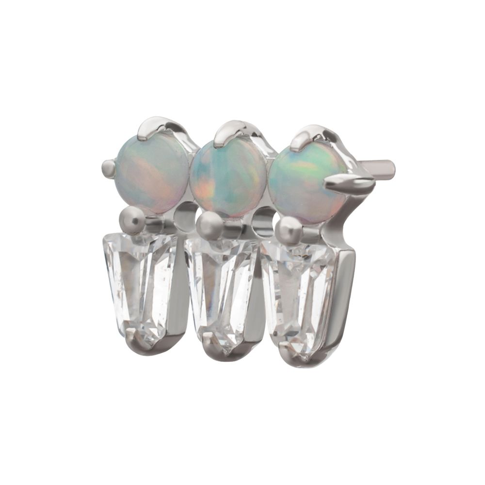 Platinum PVD Titanium Threadless Triple Cluster Top with Prong Set Round Opal & Baguette CZ Gem
