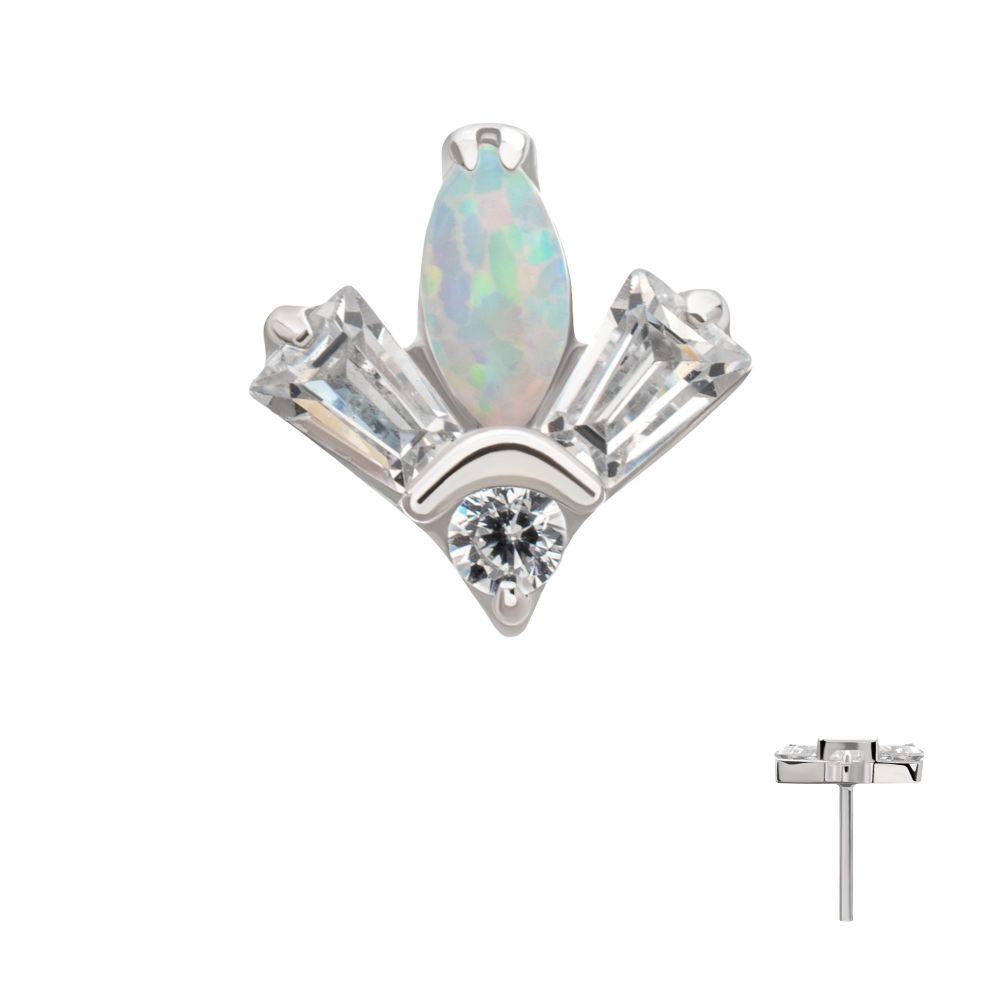 Platinum PVD Titanium Threadless Triple Cluster Top with Prong Set Round Opal & Baguette CZ Gem
