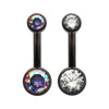 Black PVD Titanium Internally Threaded Bezel Set Double CZ Smooth Rounded Back Fixed Bottom Navel Ring