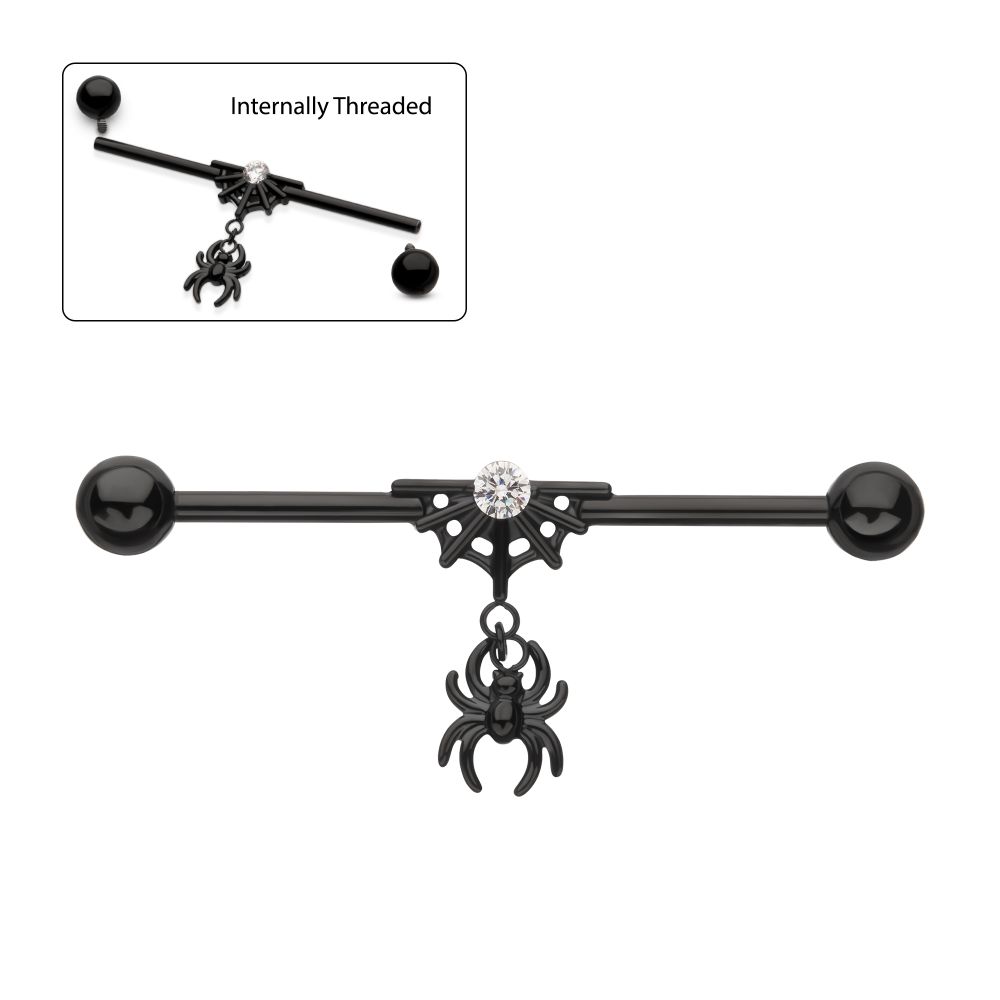 Black PVD Titanium Internally Threaded Gem Spiderweb with Spider Dangle & Ball End Industrial Barbell