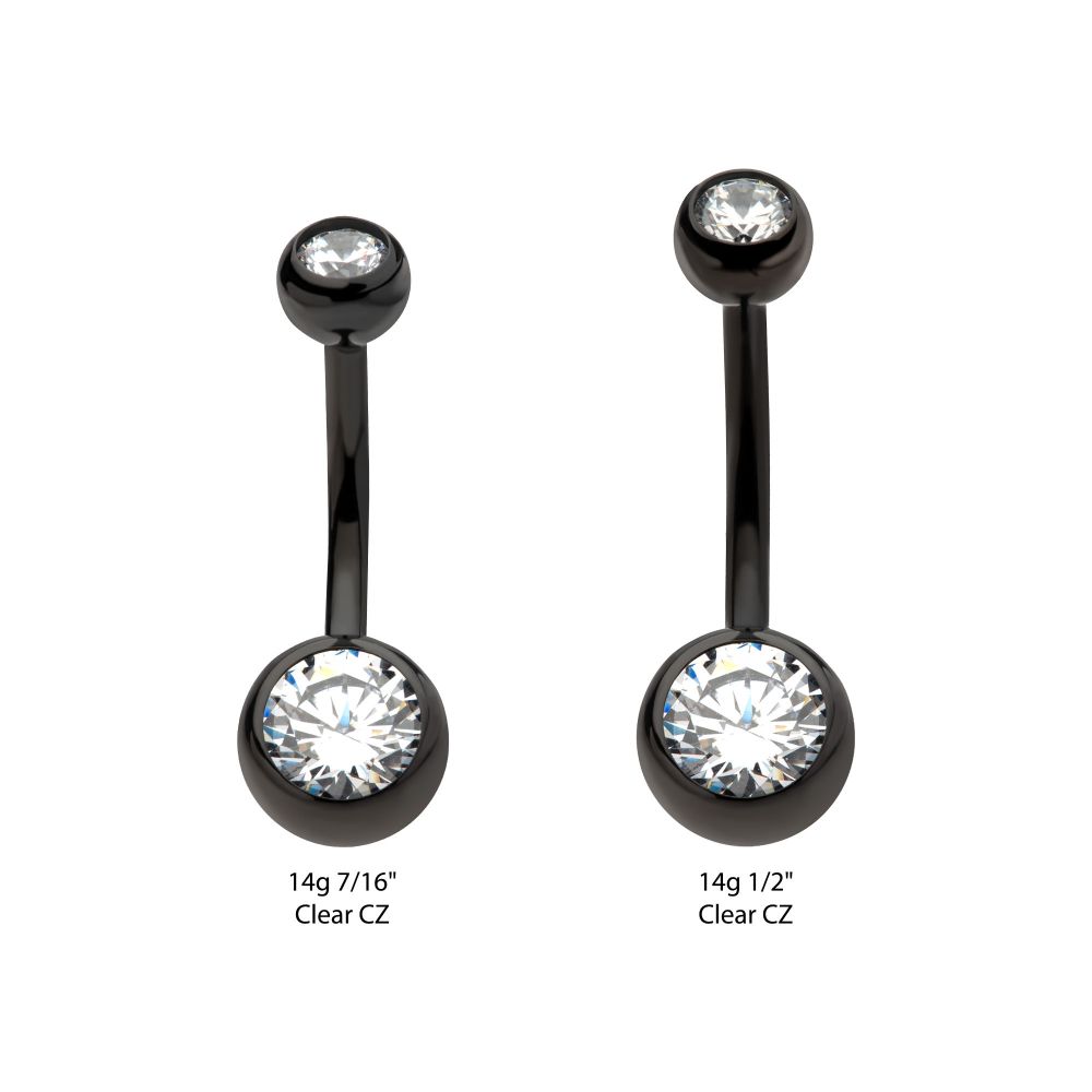 Black PVD Titanium Internally Threaded Bezel Set Double CZ Fixed Bottom Navel Ring