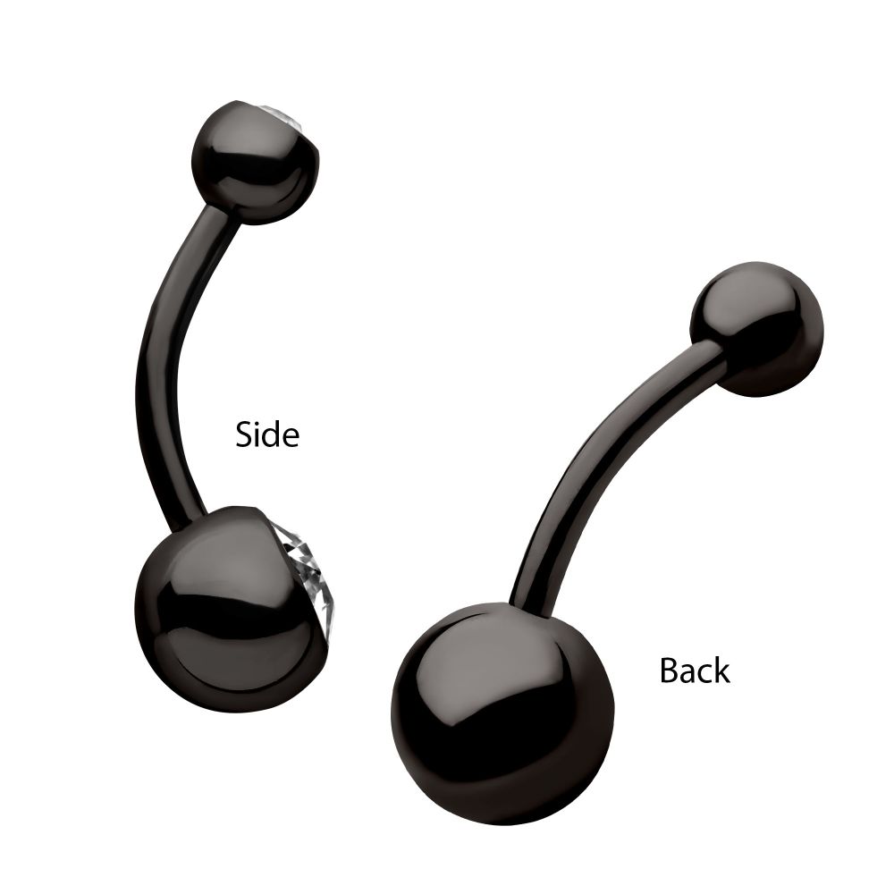 Black PVD Titanium Internally Threaded Bezel Set Double CZ Fixed Bottom Navel Ring