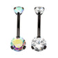 Black PVD Titanium Internally Threaded Prong Set Double CZ Fixed Bottom Navel Ring