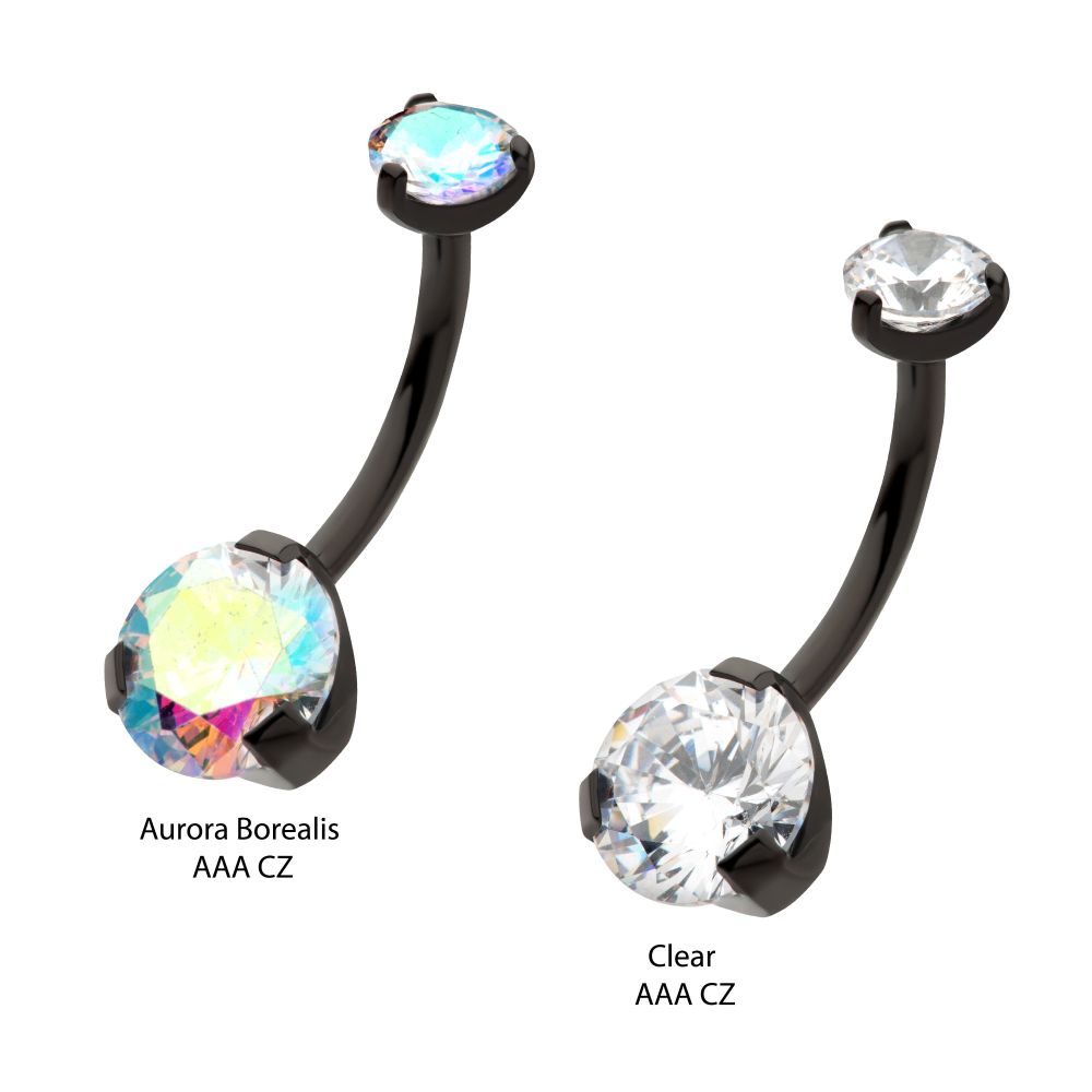 Black PVD Titanium Internally Threaded Prong Set Double CZ Fixed Bottom Navel Ring