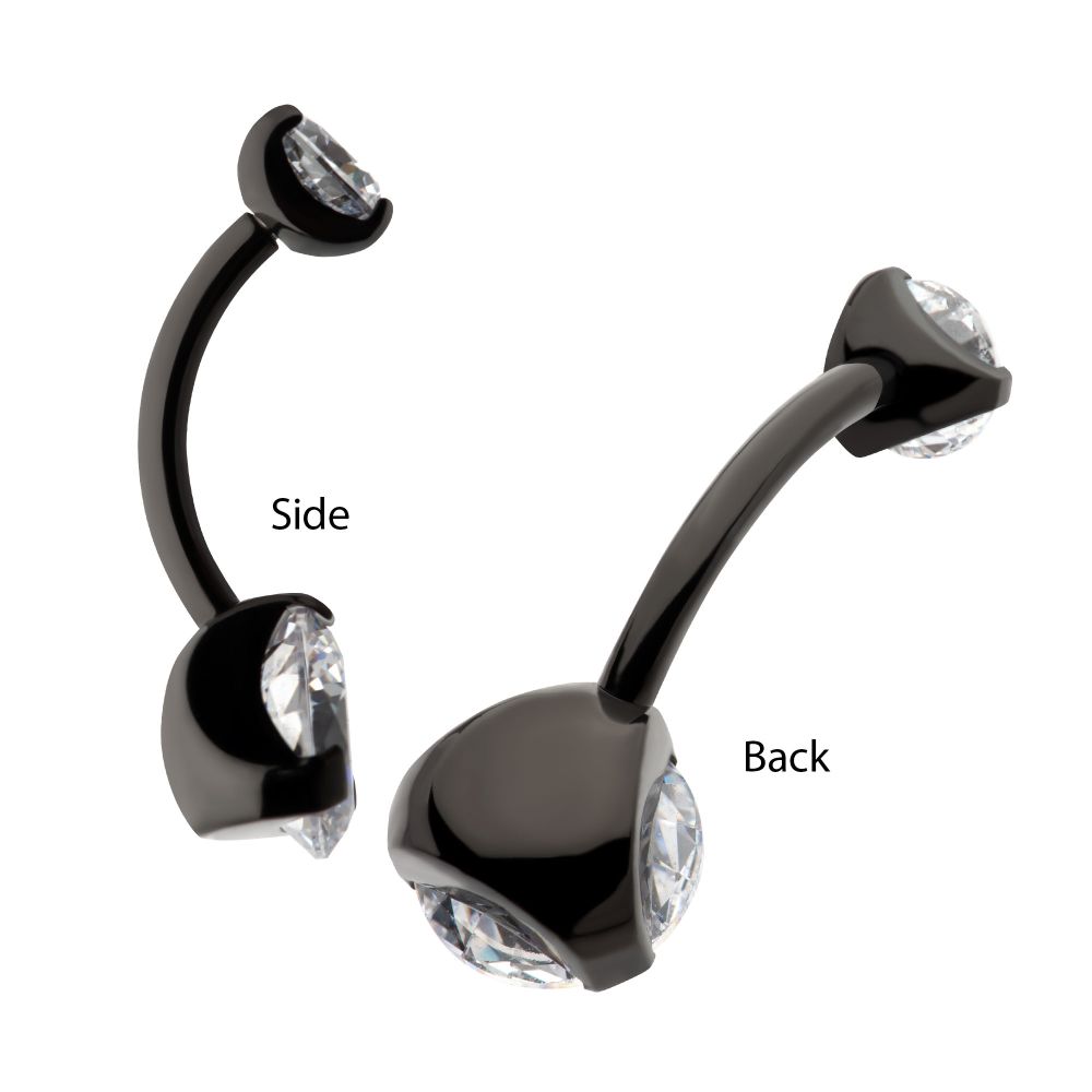 Black PVD Titanium Internally Threaded Prong Set Double CZ Fixed Bottom Navel Ring