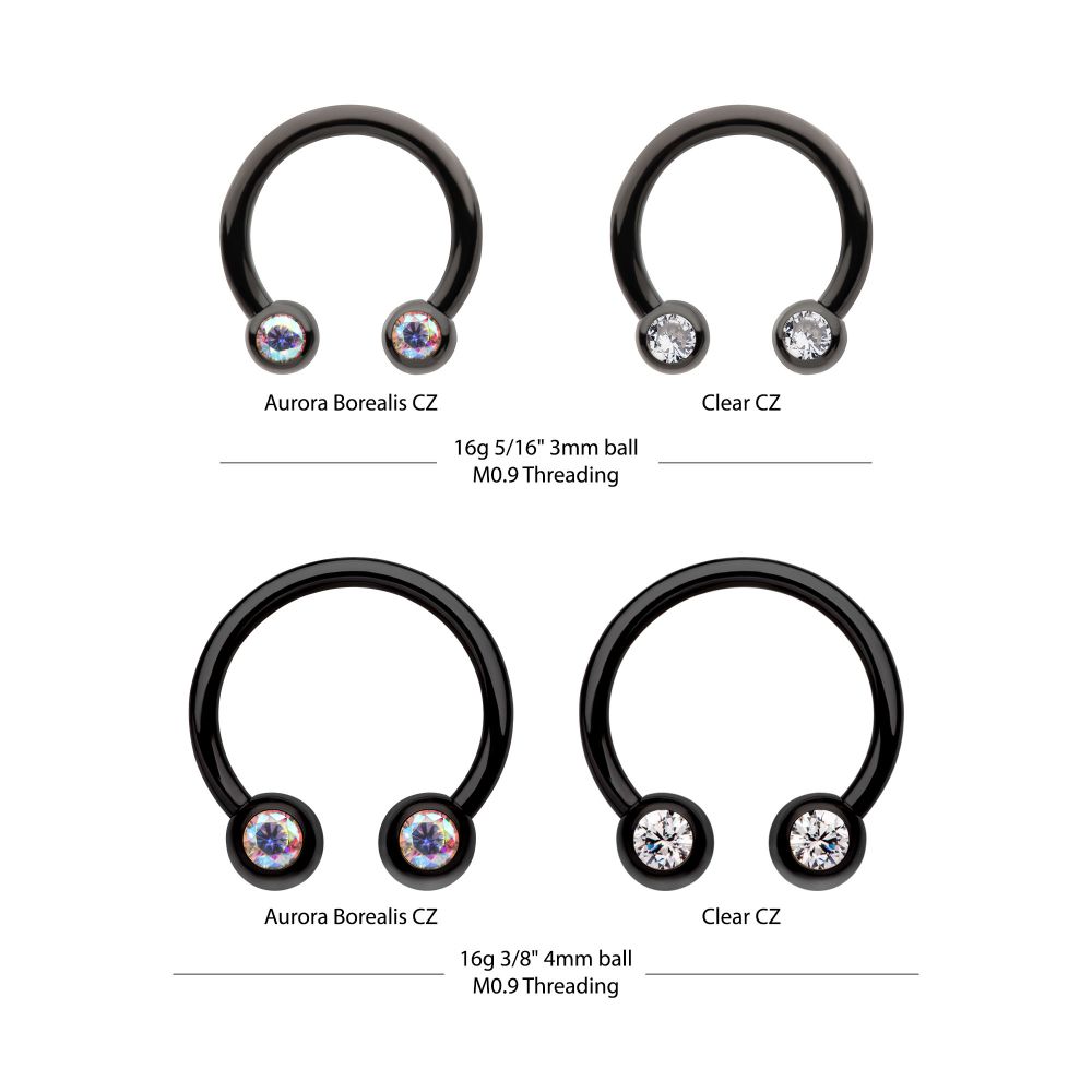 Black PVD Titanium Internally Threaded Forward Facing Bezel Set Round Gem Circular Barbell