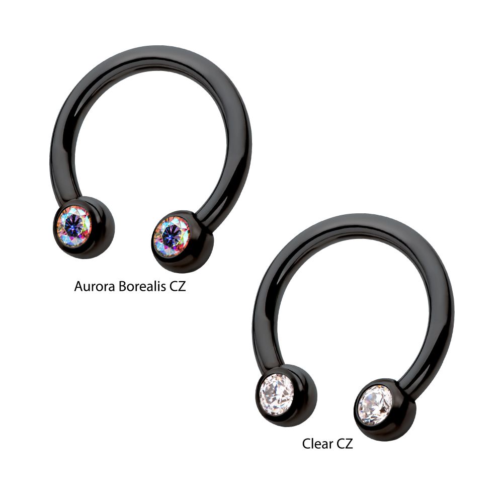 Black PVD Titanium Internally Threaded Forward Facing Bezel Set Round Gem Circular Barbell