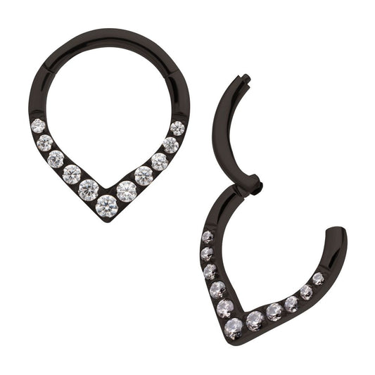 Black PVD Titanium CNC Set Gem Front Facing Teardrop Shape Hinged Segment Clicker