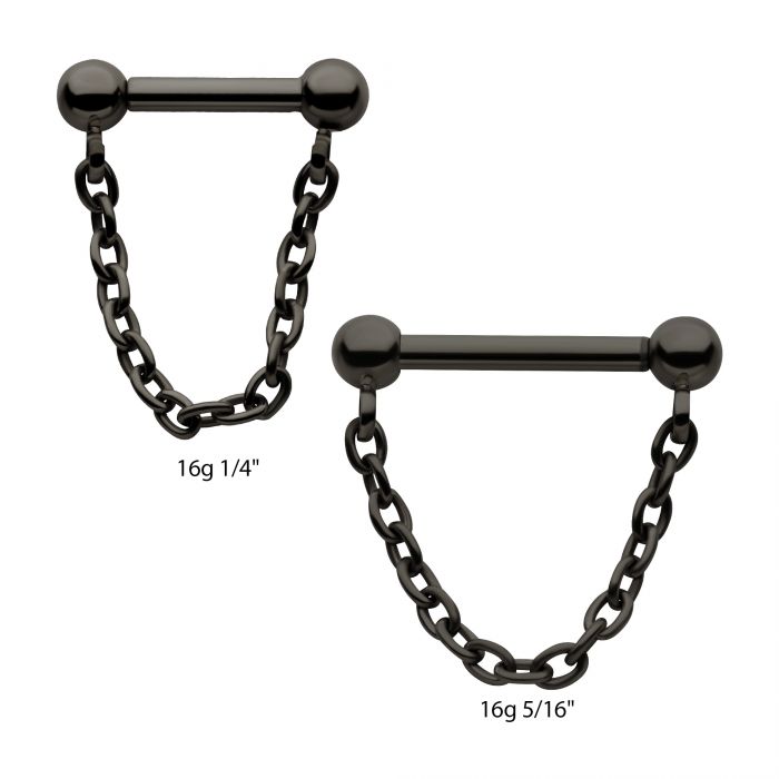 Black PVD Titanium Dangle Chain on a One Side Threadless, One Side Fixed Bar with Ball ends