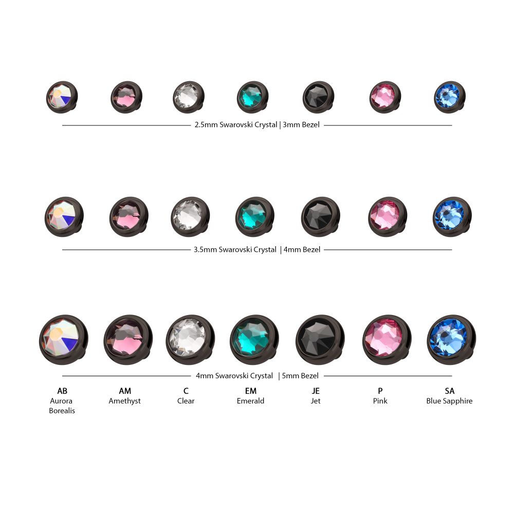14g Black PVD PVD Titanium Internally Threaded Low Profile Bezel Set Swarovski Crystal Dermal Top