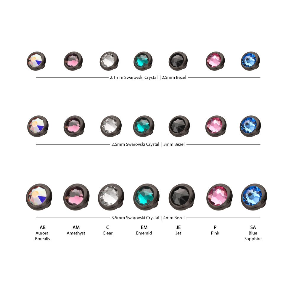 16g Black PVD PVD Titanium Internally Threaded Low Profile Bezel Set Swarovski Crystal Dermal Top