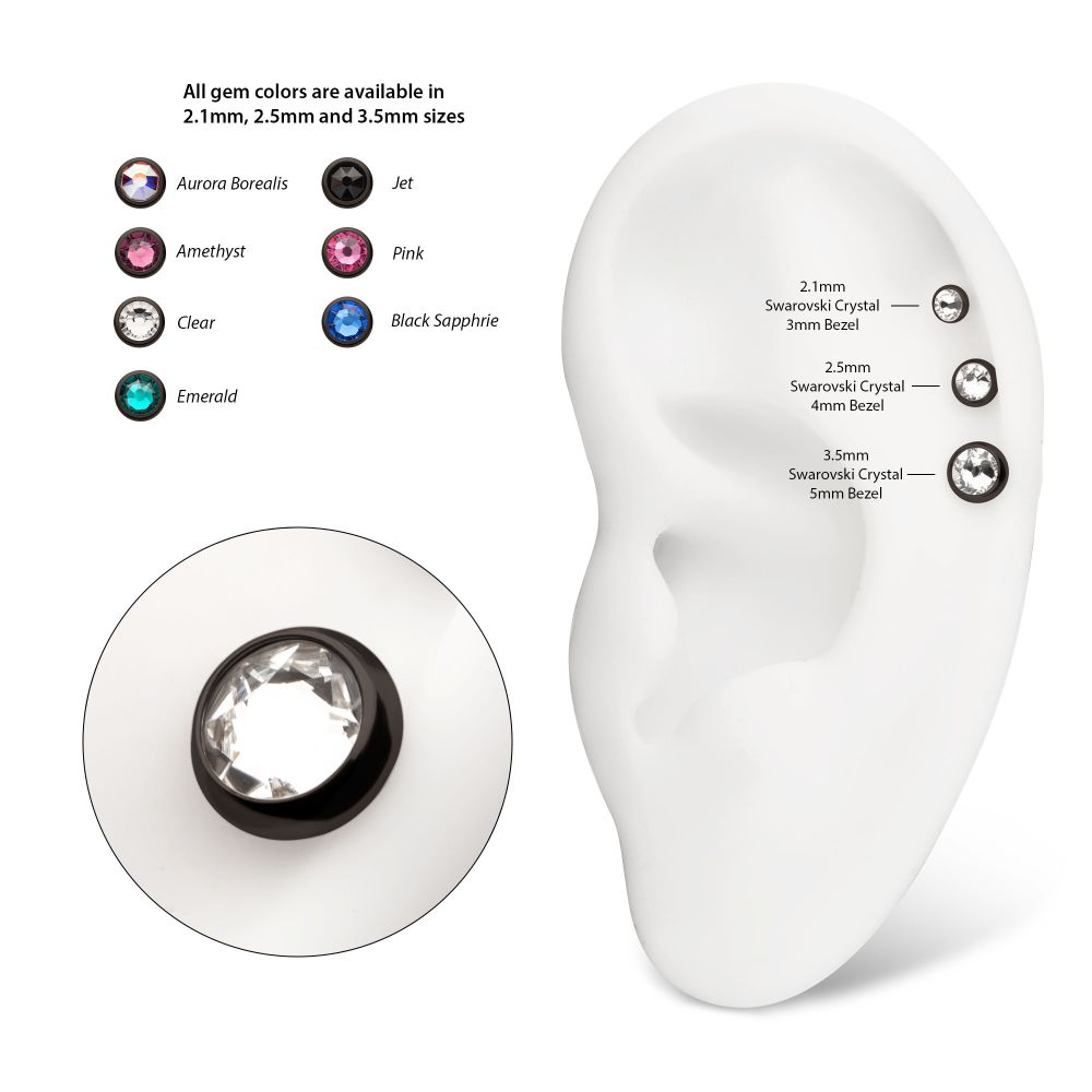 16g Black PVD PVD Titanium Internally Threaded Low Profile Bezel Set Swarovski Crystal Dermal Top