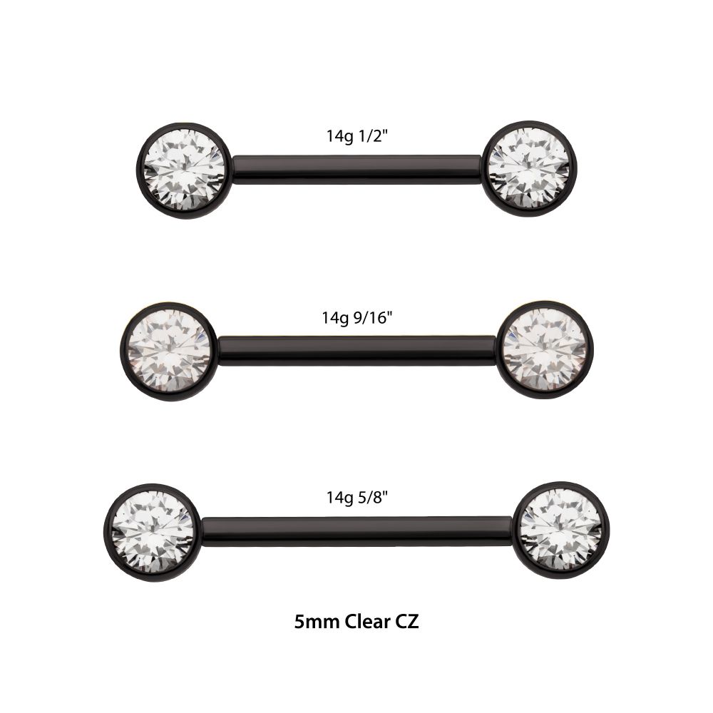 Black PVD Titanium Internally Threaded Bezel Set Gem End Nipple Barbell (One Side Fixed, One Side Internally Threaded ) | Sold by piece