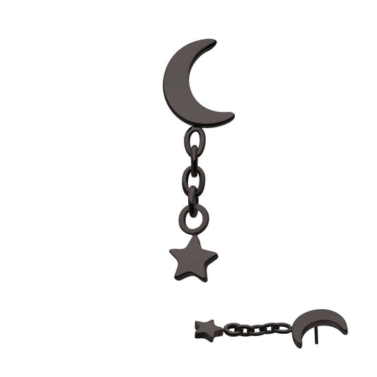 Black PVD Titanium Threadless Crescent Moon Top with Star Dangle
