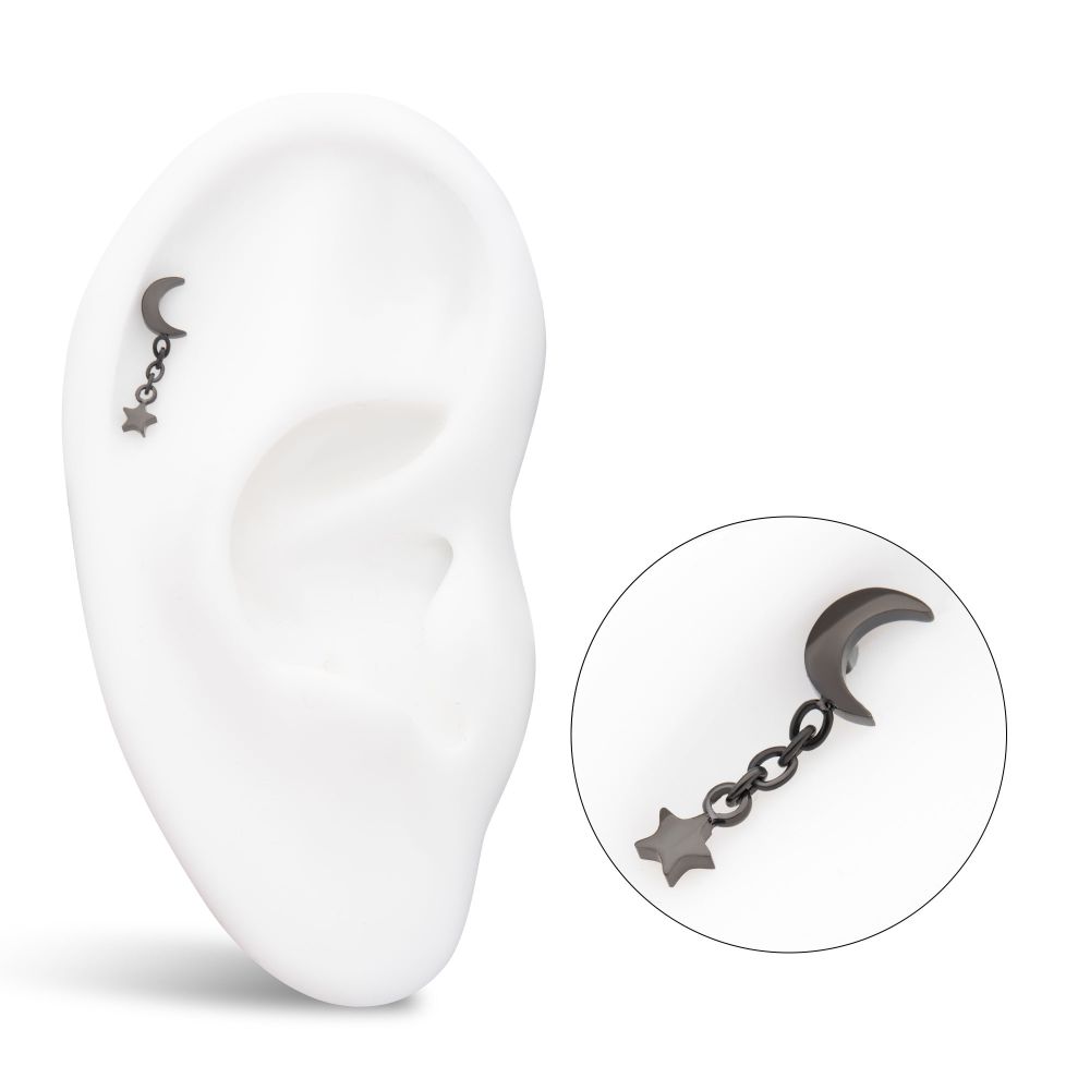 Black PVD Titanium Threadless Crescent Moon Top with Star Dangle