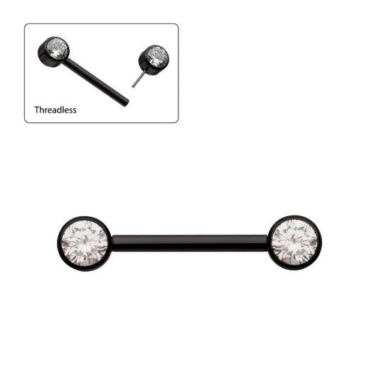 Black PVD Titanium Threadless Bezel Set Gem End Nipple Barbell (One Side Fixed, One Side Threadless ) | Sold by piece