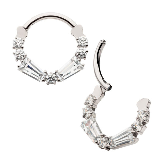 Titanium Clustered Prong Set Baguette & Round CZ Front Facing Hinged Segment Clicker