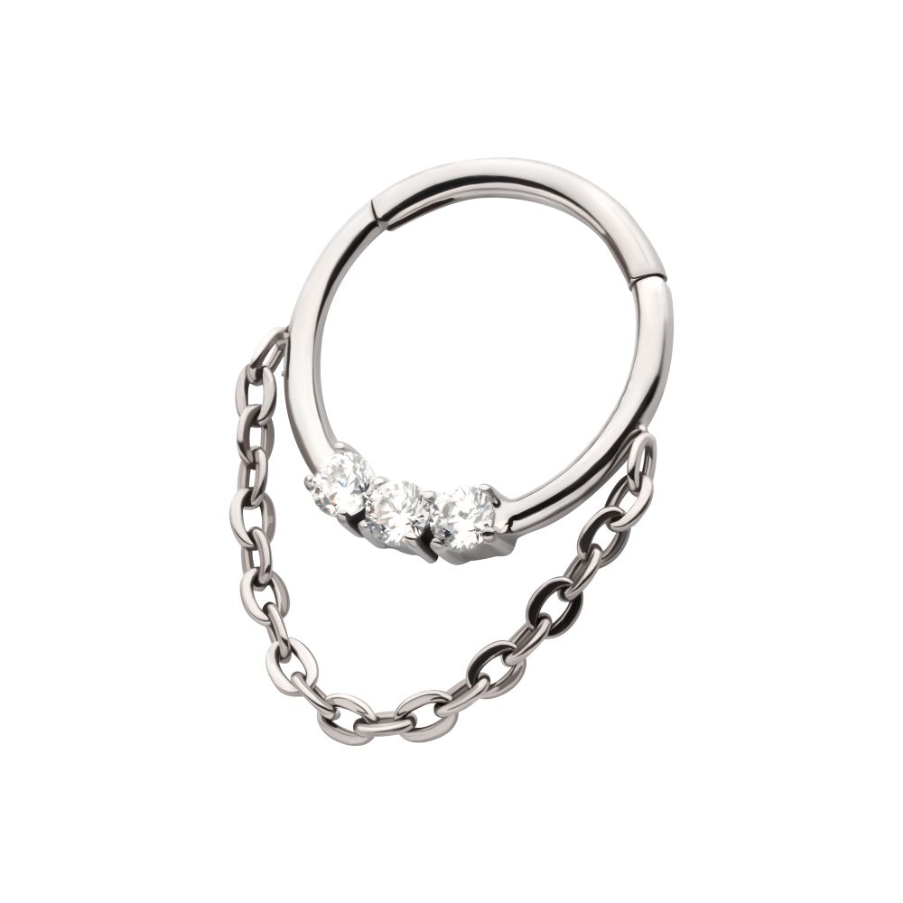 Titanium 3-Cluster Prong Set Round CZ Front Facing Hinged Segment Clicker with Dangle Chain