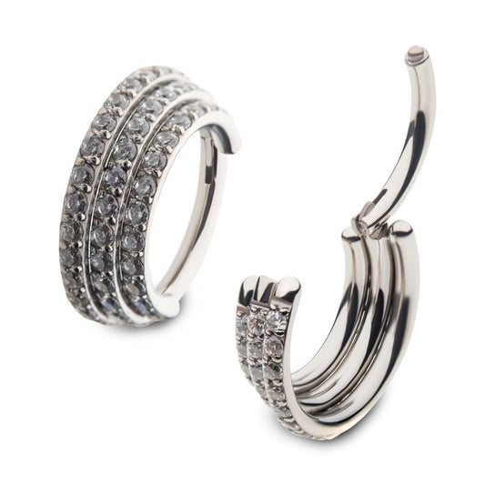 16g Titanium with Pave Set 48 Round Clear CZ Triple Stacked Side Facing Hinged Segment Clicker