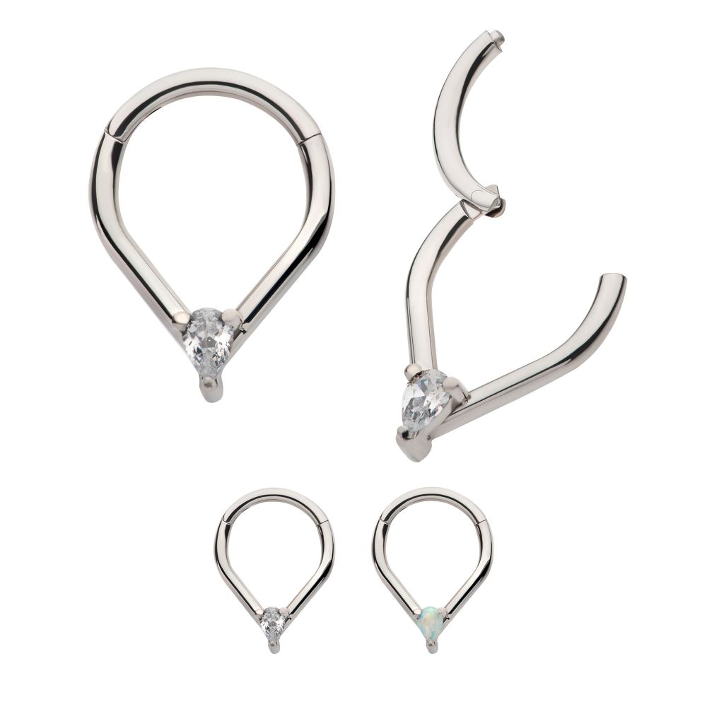 Titanium with Prong Set Teardrop CZ/Opal Front Facing Hinged Segment Clicker 