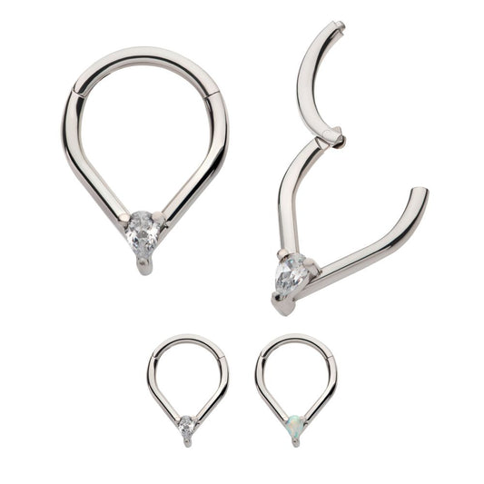Titanium with Prong Set Teardrop CZ/Opal Front Facing Hinged Segment Clicker 