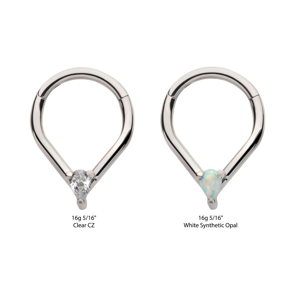 Titanium with Prong Set Teardrop CZ/Opal Front Facing Hinged Segment Clicker 
