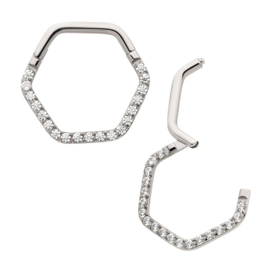 Titanium with 1mm CNC Set Clear CZ Eternity Hexagon Shape Front Facing Hinged Segment Clicker