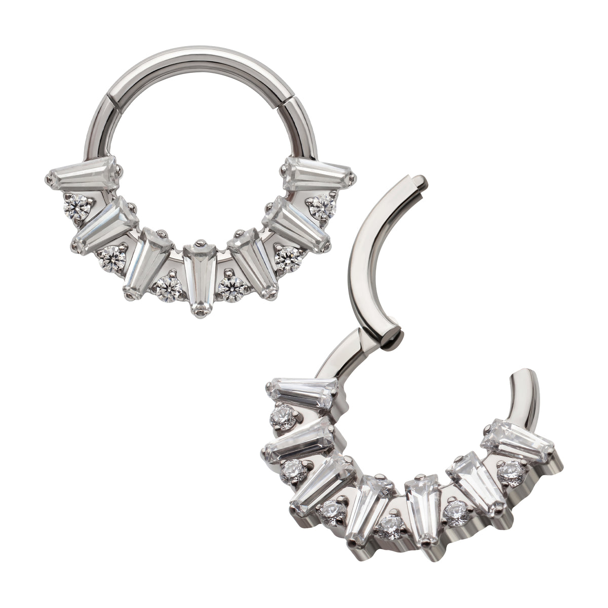 Titanium Baguette Crown Prong Set Gem Cluster Front Facing Hinged Segment Clicker